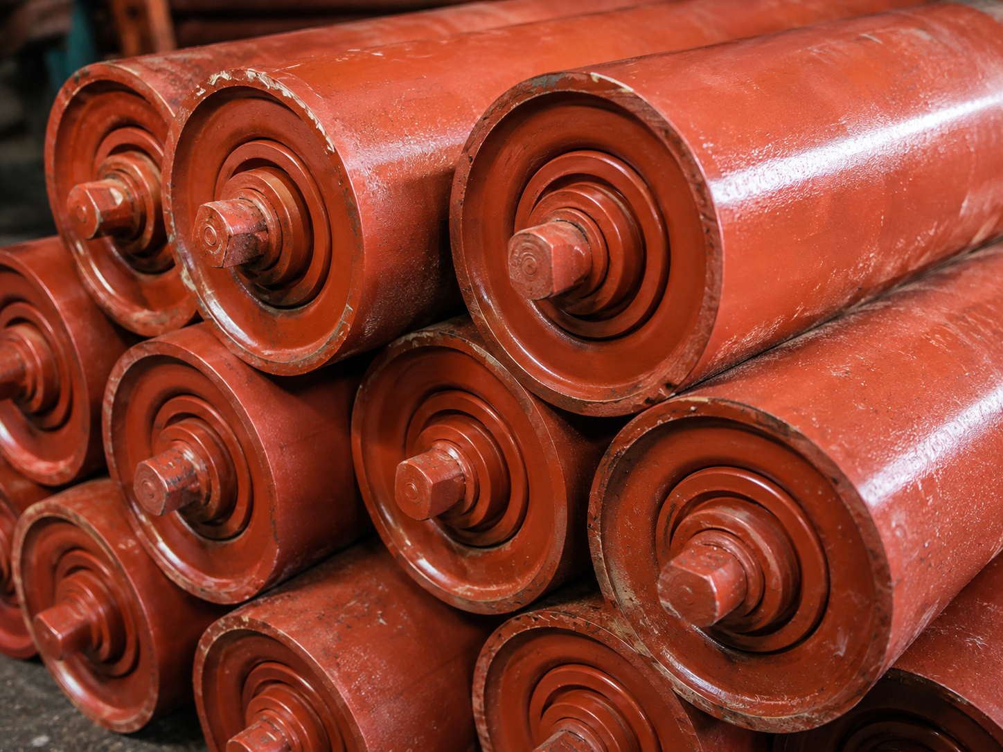 Red conveyor rollers stacked for dispatch