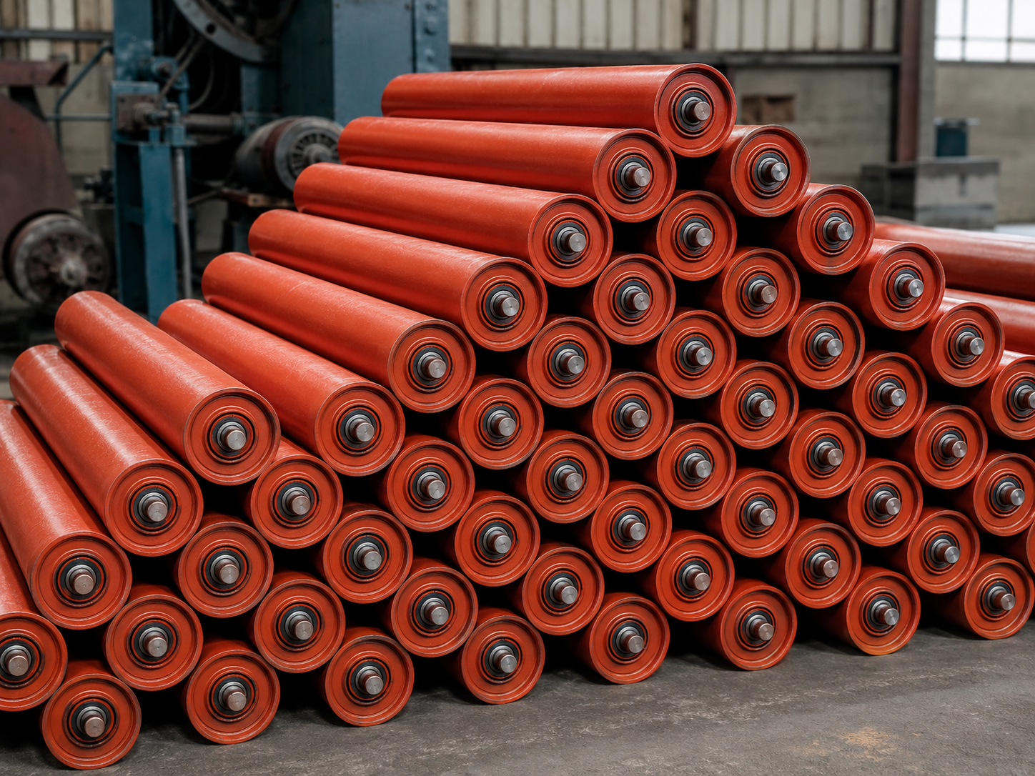 Stack of red conveyor idler rollers in the workshop